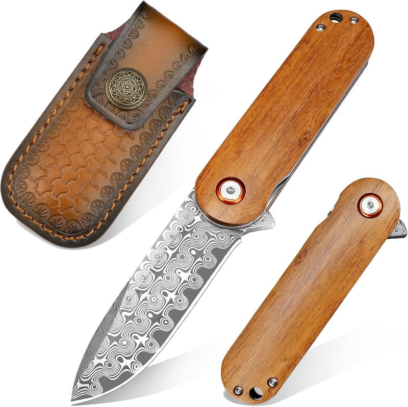 Zingbee Damascus Pocket Knife, 2.95" Damascus Steel Blade Pocket Knives & Folding Knives, Wooden Handles EDC Knife for Women Men - Image 1